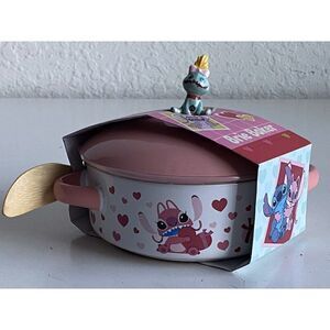 Disney Stitch And Angel Valentines Hearts Ceramic Brie Baker & Wood Spoon NEW
